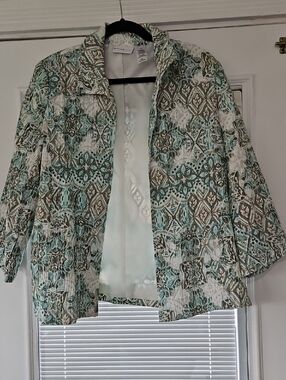 Alfred Dunner Mint, Cream & Tan Patterned Open-Front Jacket